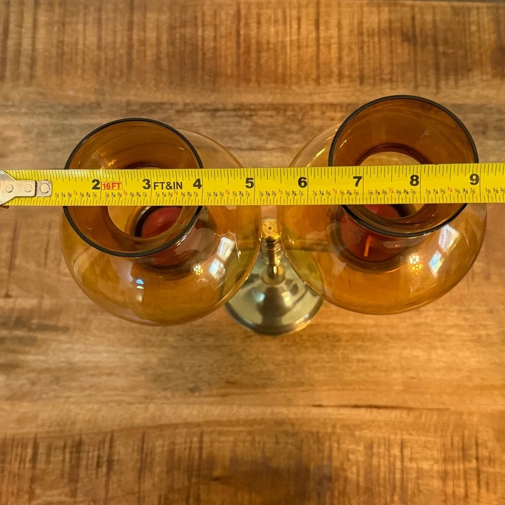 Vintage Brass Double Arm Candelabra Amber Glass Hurricane Tea Light Holder MCM